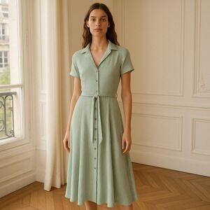 Monoprix Femme Prairie Chic Striped Belted Button Down Midi Shirt Dress 36 S